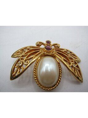 Avon Gold-Tone Bee Brooch With Faux Pearl Body & Rhinestone Accents